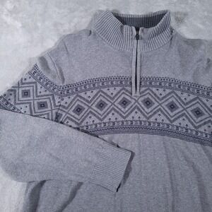 Eddie Bauer Sweater Mens Large Gray Fair Isle 1/4 Zip Pullover 100% Cotton